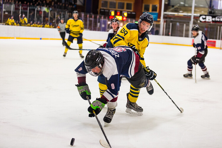 Two hockey players fighting for the puck in the corner of a rink - Tips for Editing Hockey Photos in Lightroom