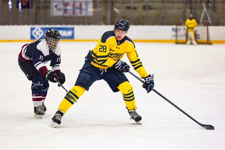 A hockey player deeking around a defender - Tips for Editing Hockey Photos in Lightroom