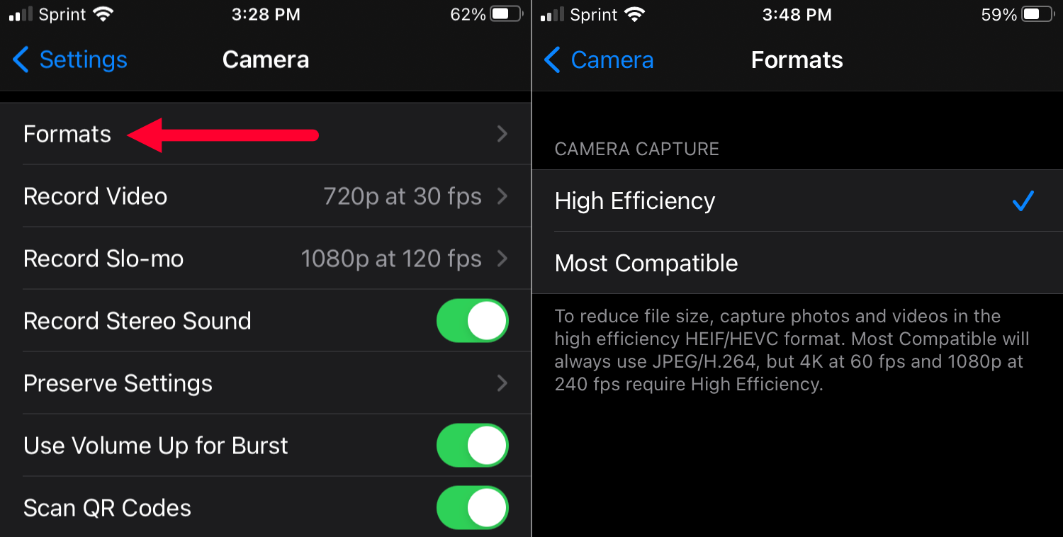 iPhone Camera Settings heif jpeg