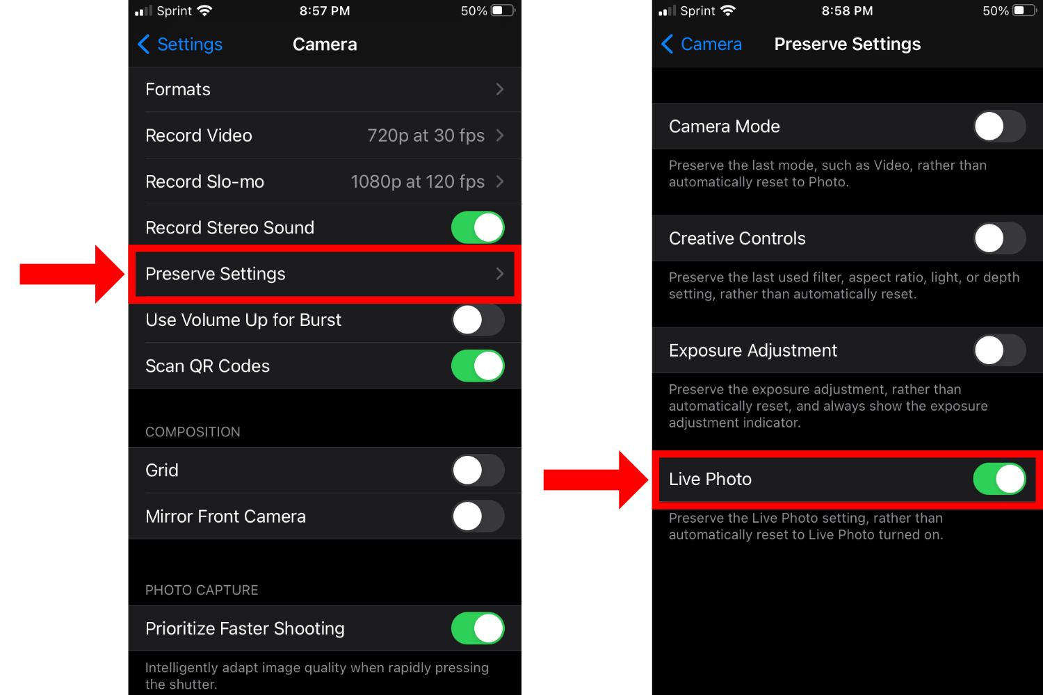 iPhone Live Photos preserve settings